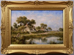 Peinture à l'huile de paysage du 19e siècle représentant des personnages près de chalets et d'un étang