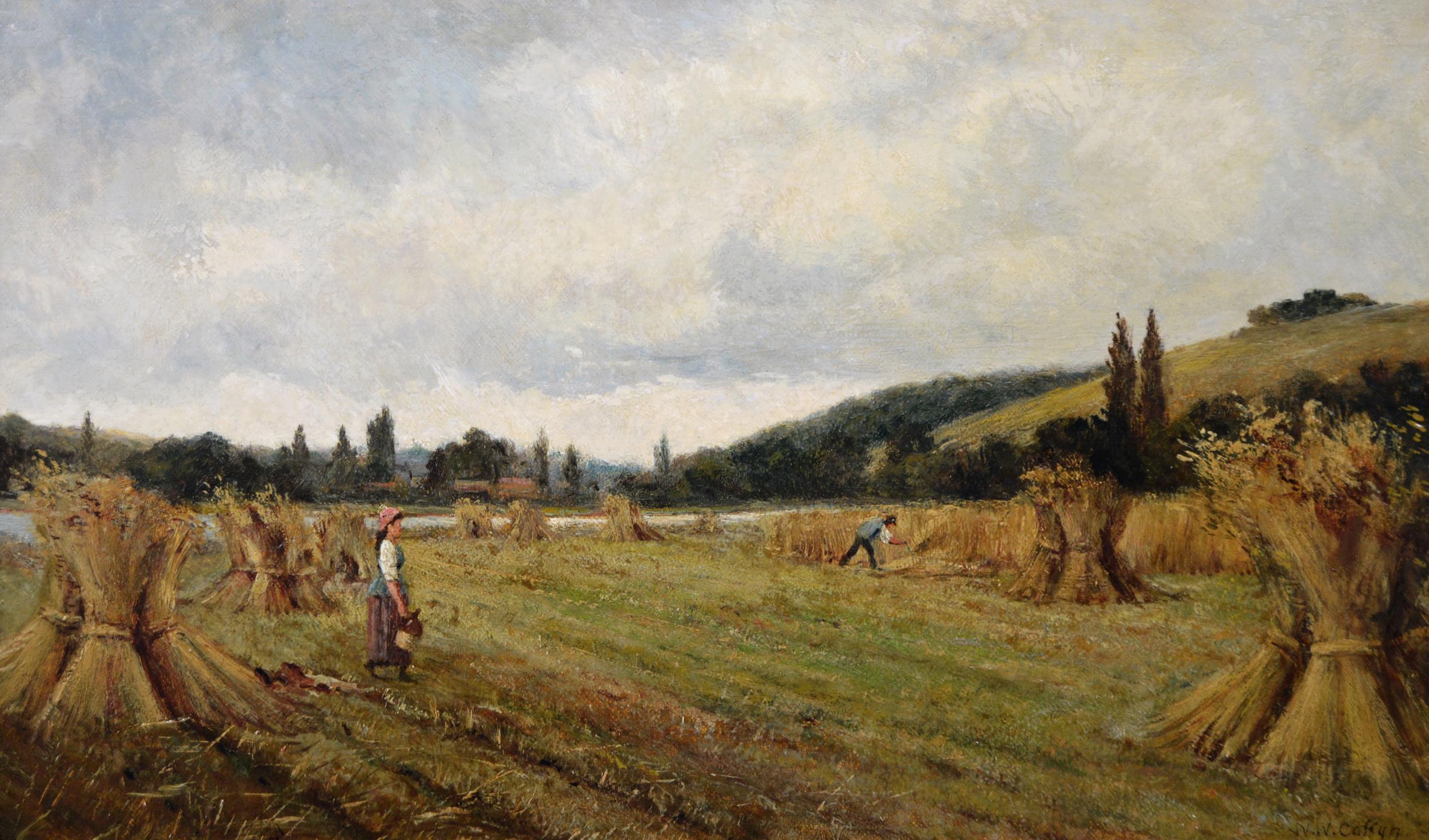 19th Century pair of landscape oil paintings of figures in a cornfield  - Painting by Walter Wallor Caffyn