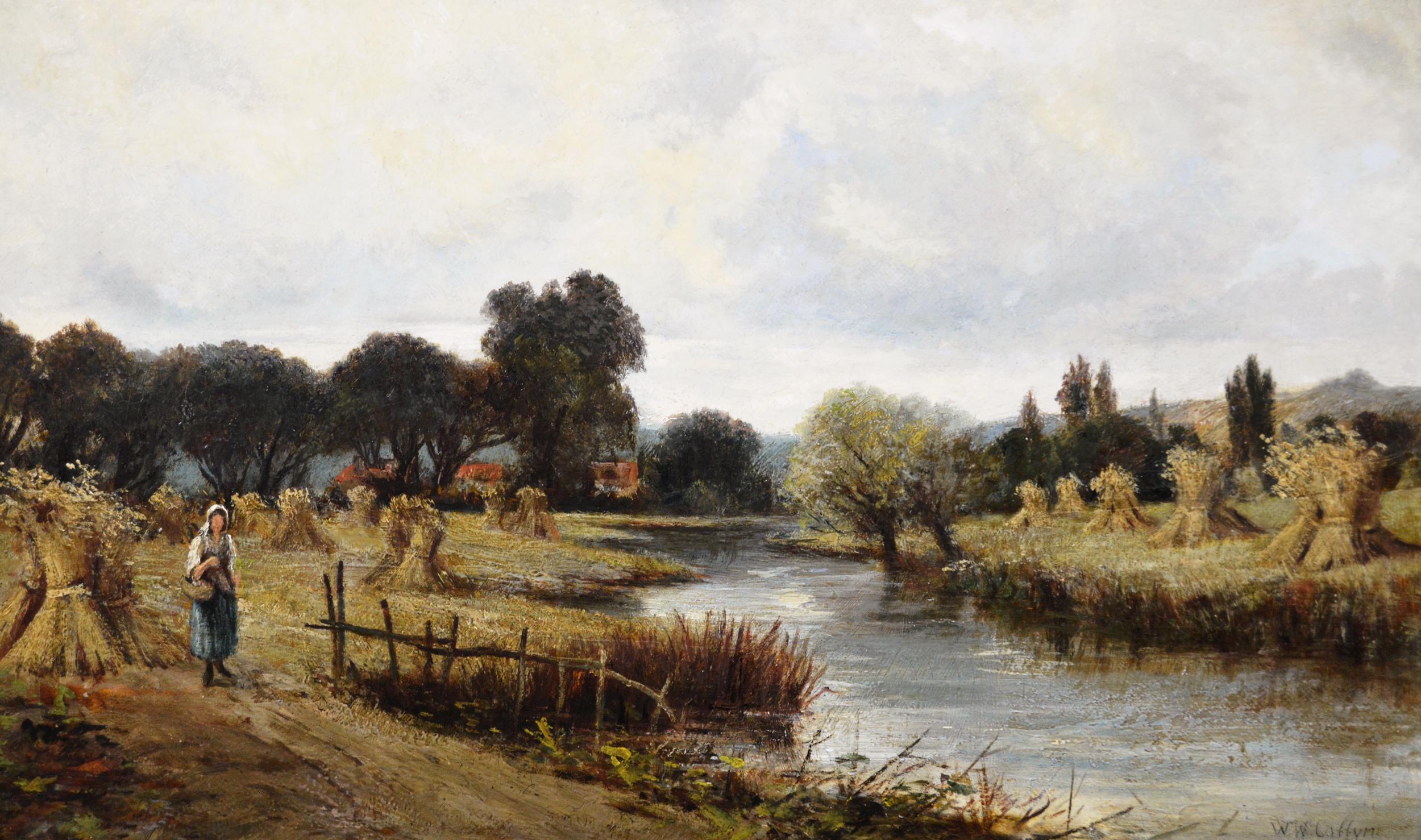 19th Century pair of landscape oil paintings of figures in a cornfield - Victorian Painting by Walter Wallor Caffyn