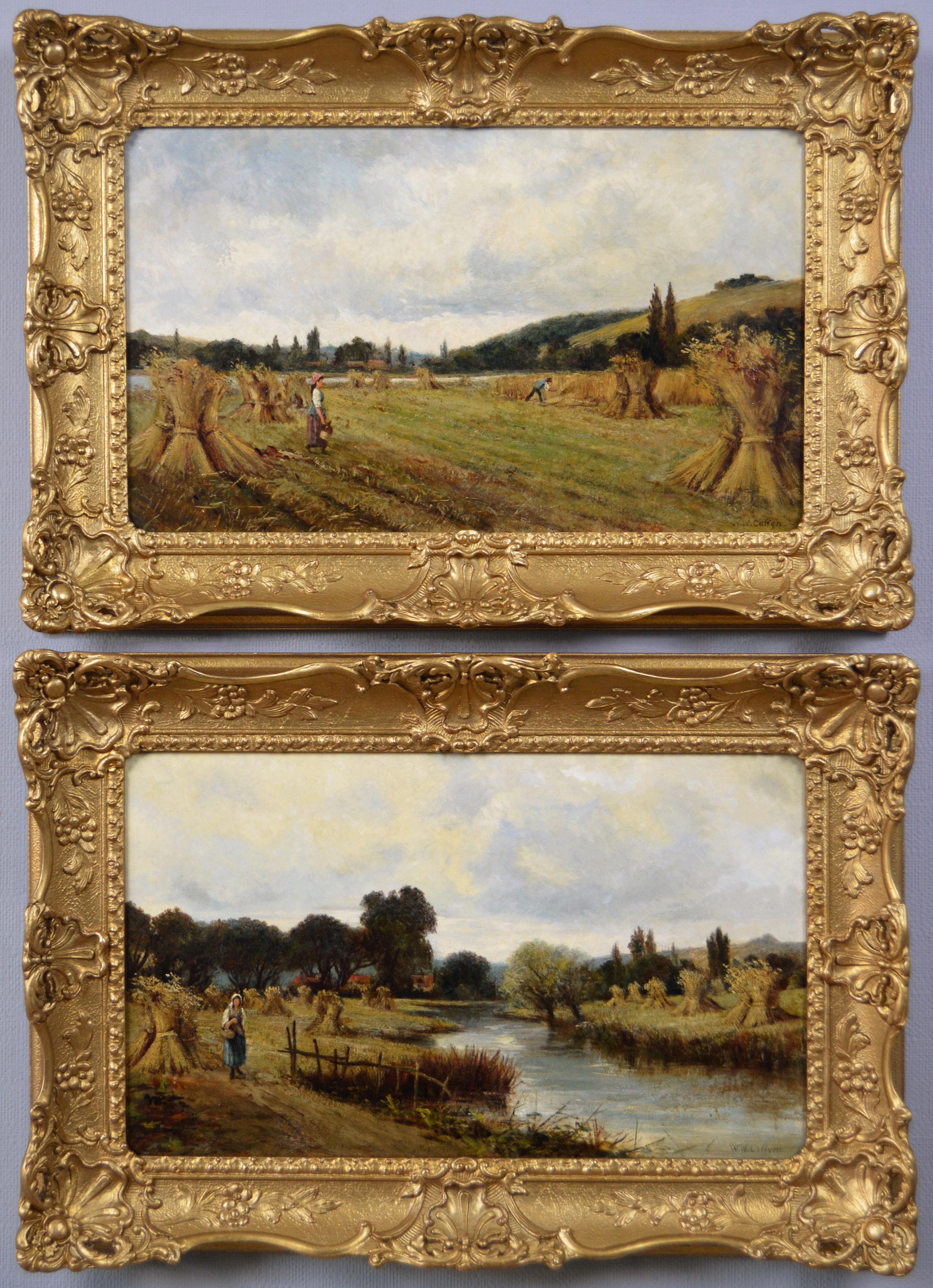 Walter Wallor Caffyn Landscape Painting - 19th Century pair of landscape oil paintings of figures in a cornfield 