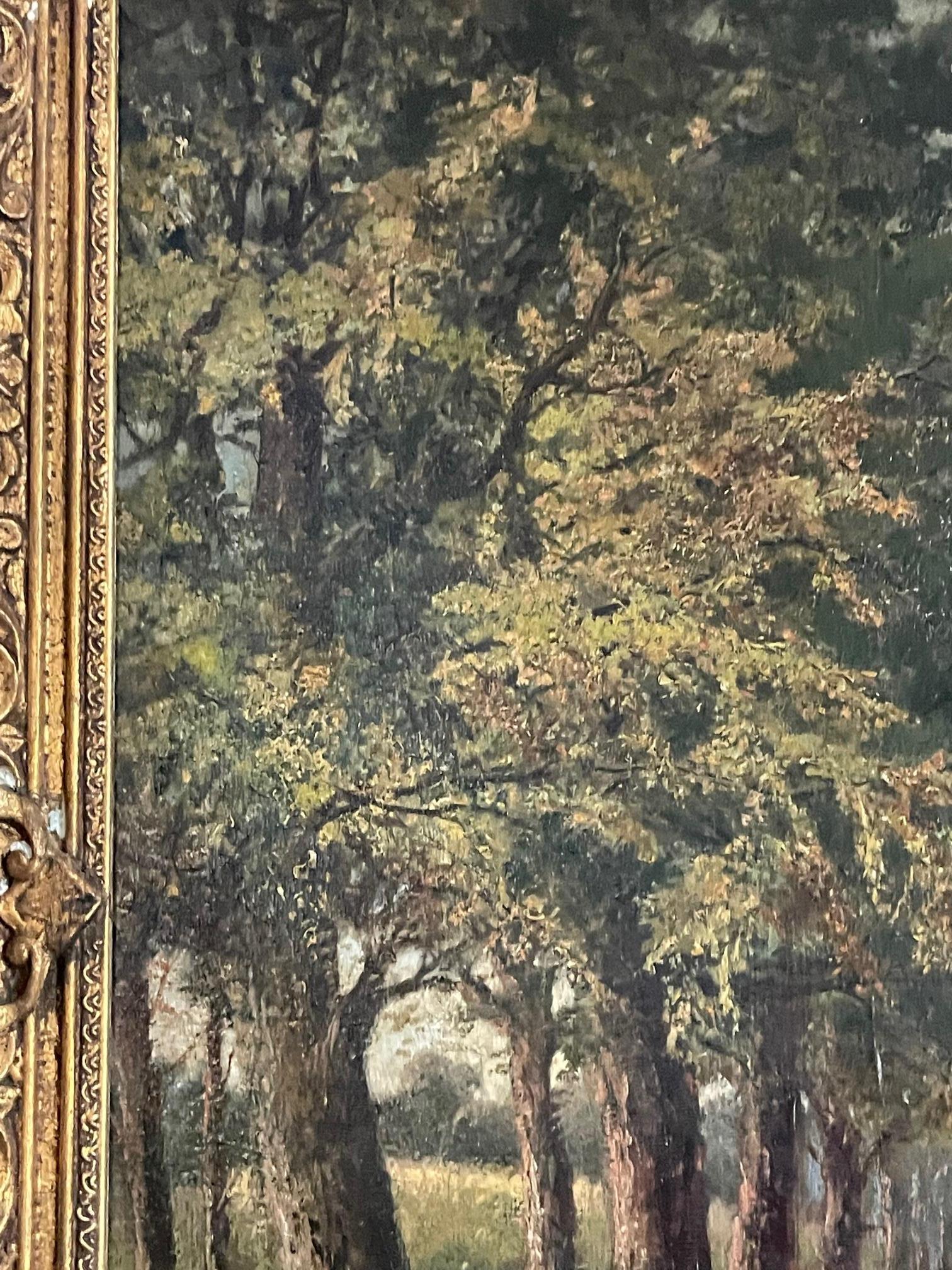 Fine scène de paysage forestier du 19ème siècle dans un cadre doré d'époque, huile sur toile peinte par l'artiste britannique Walter Wallor Caffyn, (1845-1898). Caffyn expose régulièrement à la Royal Academy de 1876 à 1897.  Nombre de ses tableaux