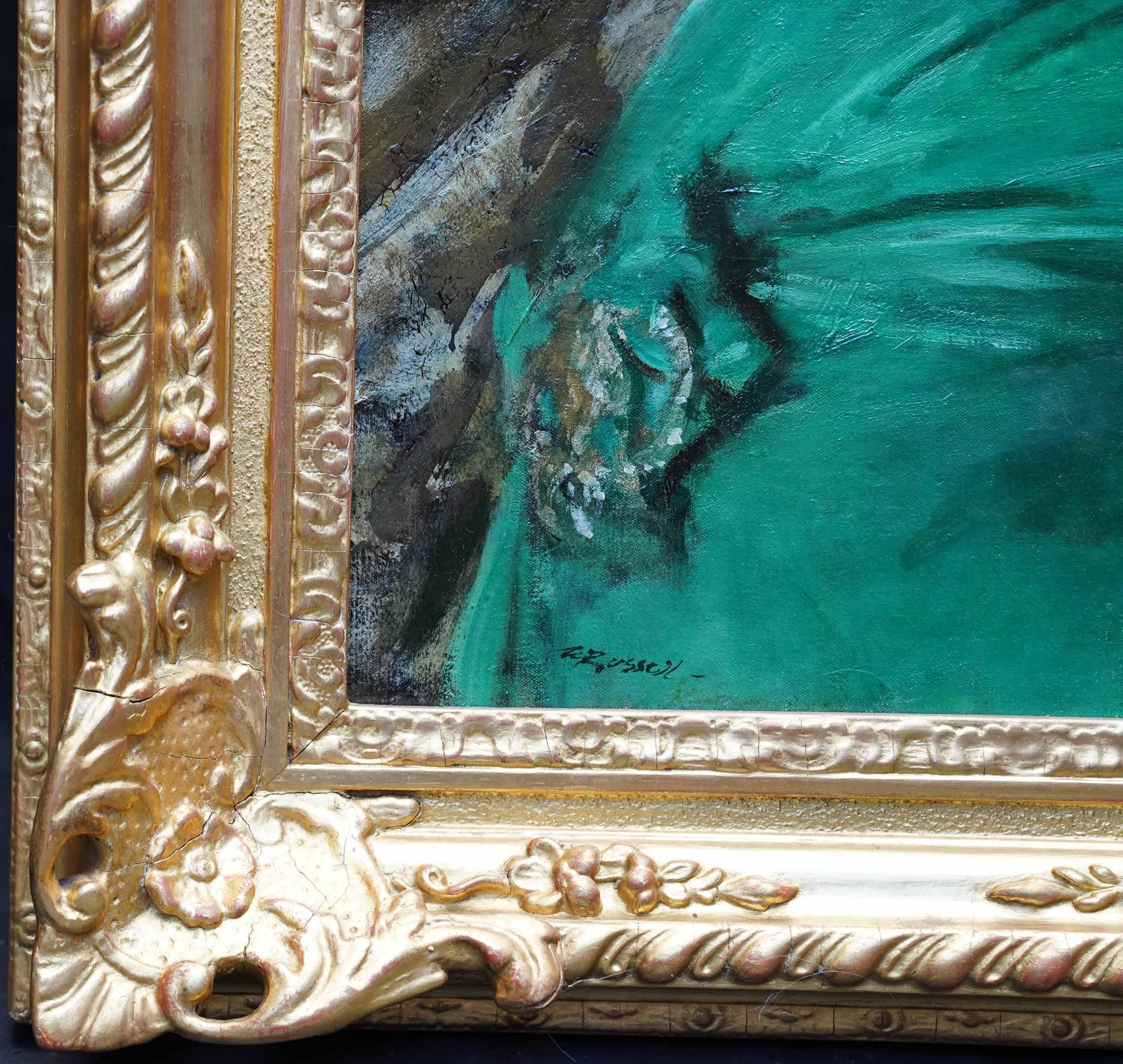 Portrait of Mrs Guy Houlder in Green Dress - British exhib Art Deco oil painting For Sale 7