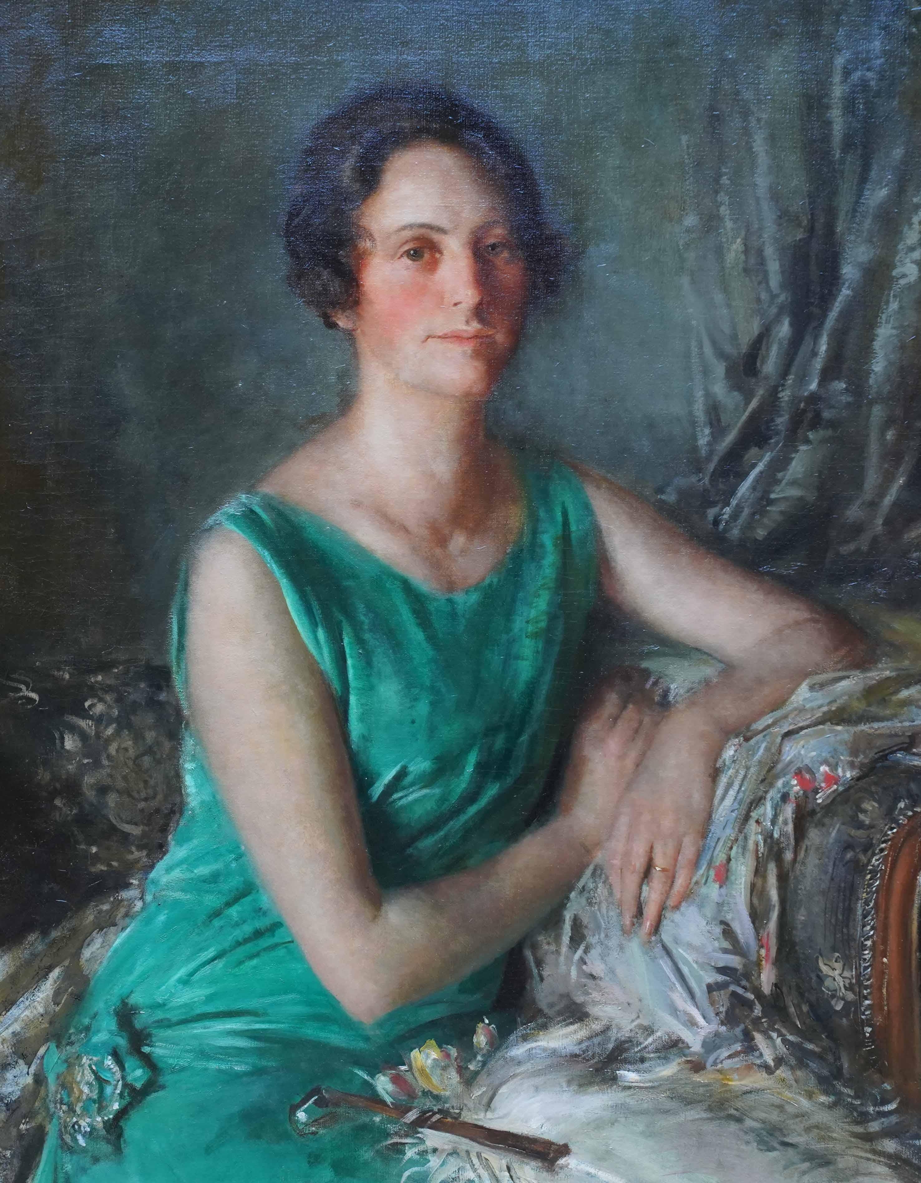 Portrait of Mrs Guy Houlder in Green Dress - British exhib Art Deco oil painting For Sale 8
