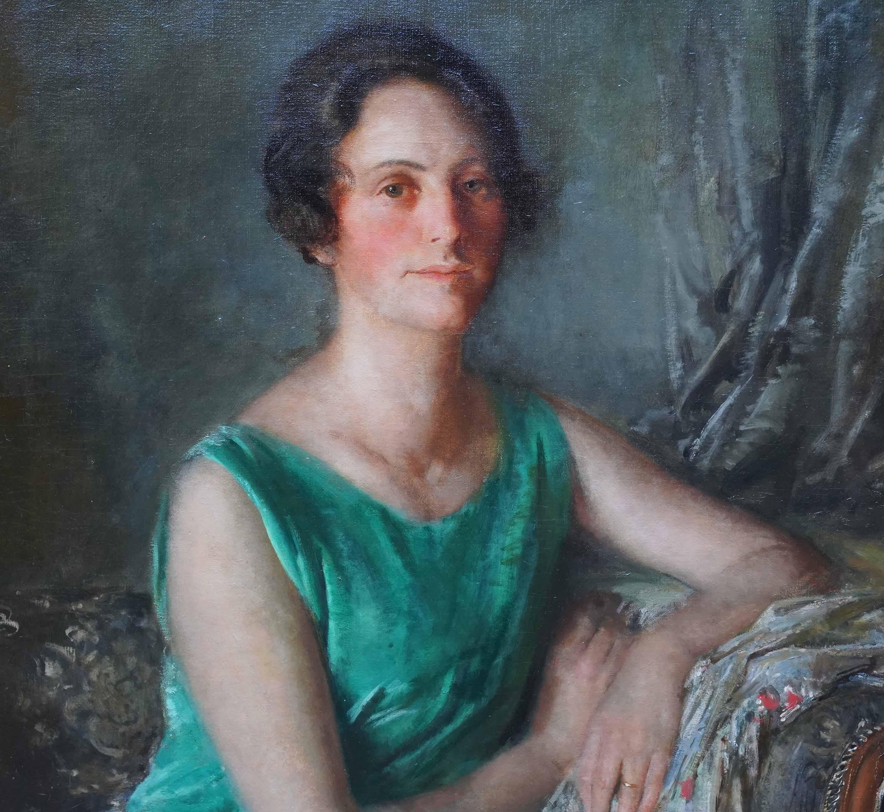 Portrait of Mrs Guy Houlder in Green Dress - British exhib Art Deco oil painting - Gray Portrait Painting by Walter Westley Russell