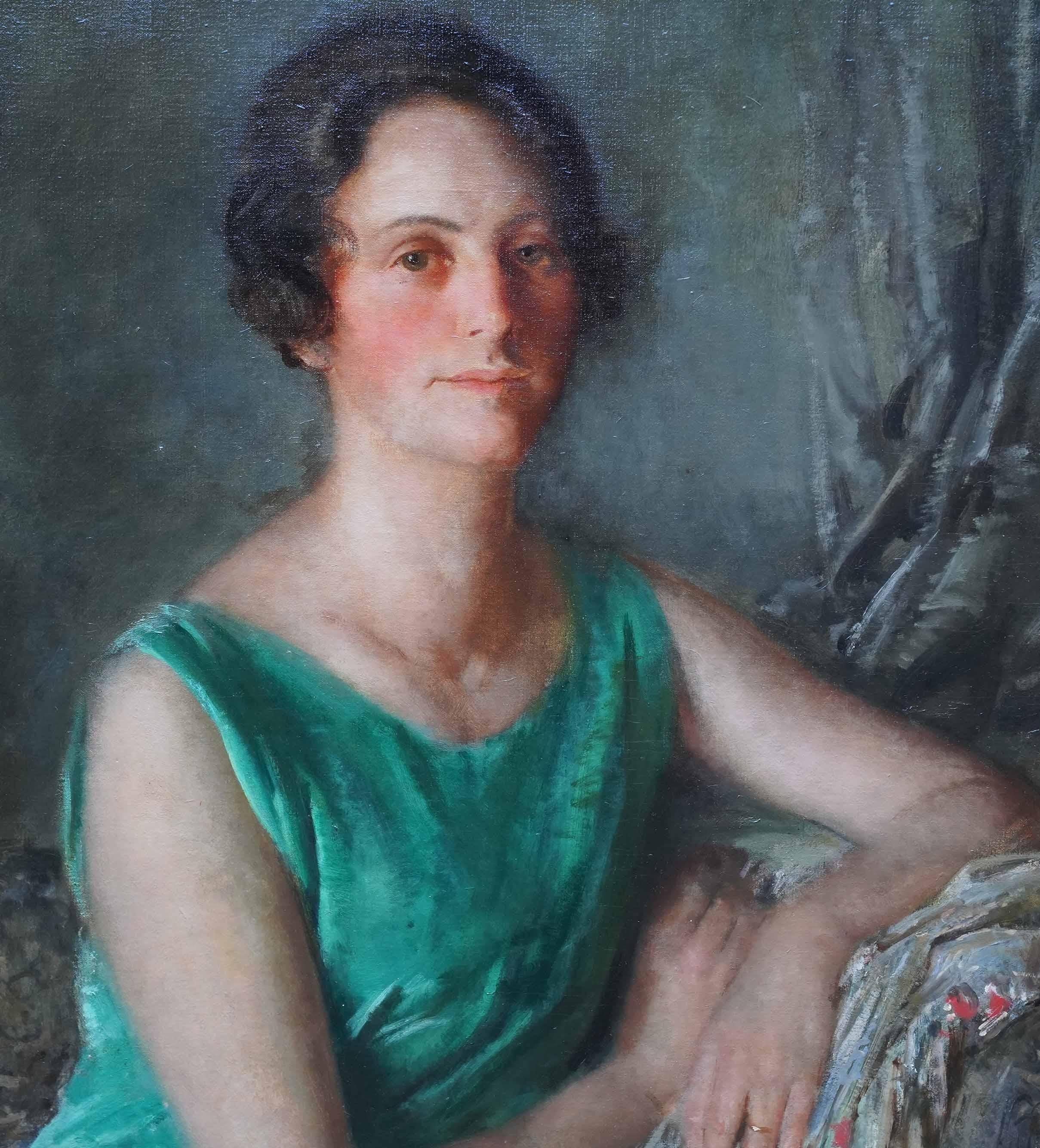This superb Royal Academy Art Deco exhibited portrait oil painting is by artist Walter Westley Russell. It was painted in 1927 and exhibited the same year entitled Mrs Guy Houlder, possibly a relation by marriage to Howard Houlder (1858-1932) of
