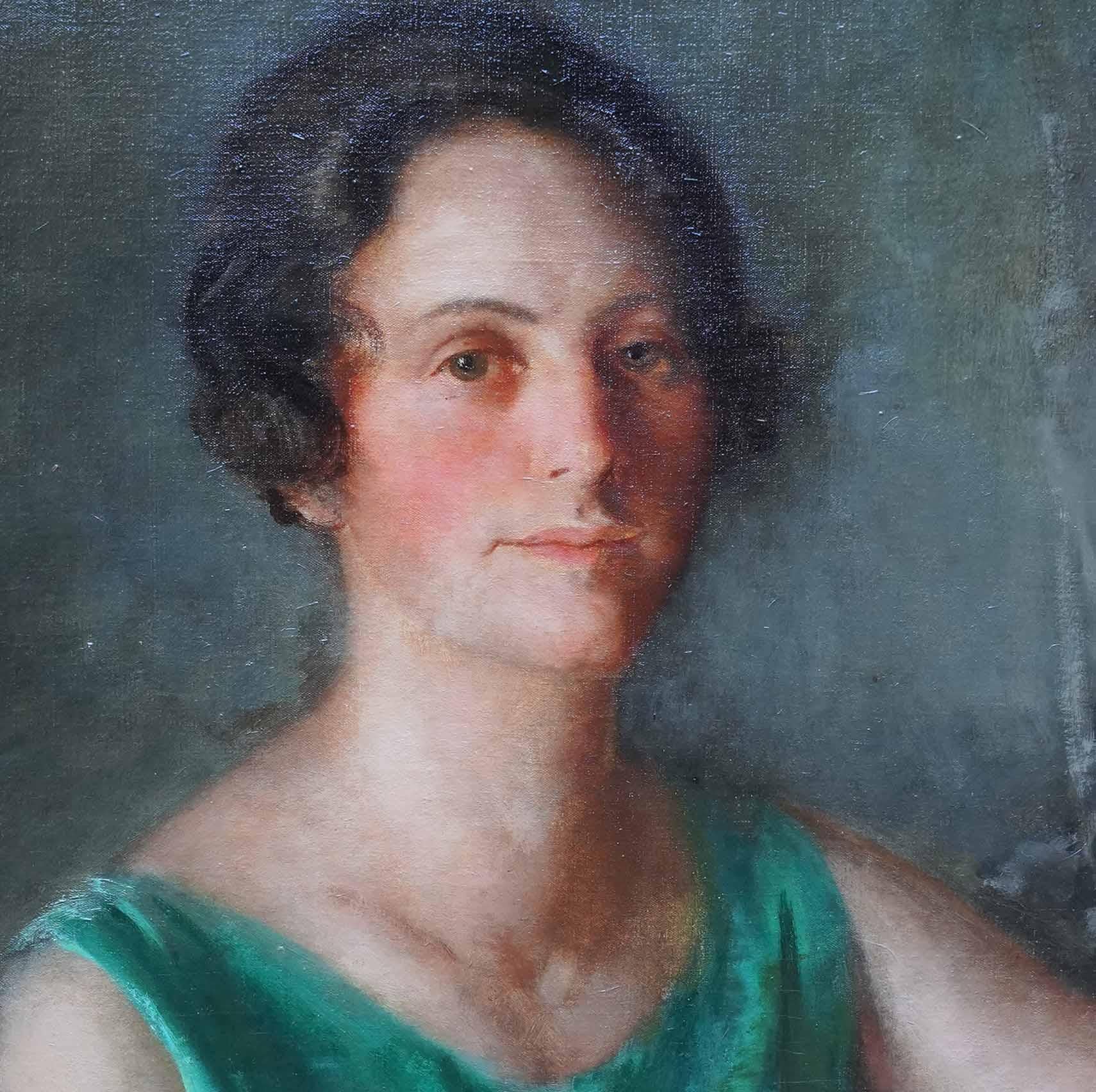 Portrait of Mrs Guy Houlder in Green Dress - British exhib Art Deco oil painting For Sale 1