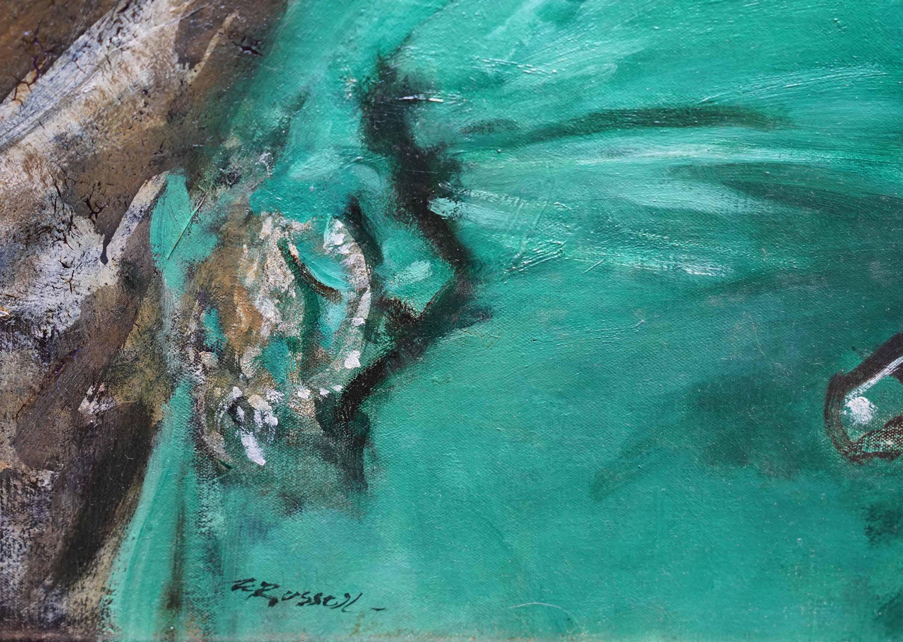 Portrait of Mrs Guy Houlder in Green Dress - British exhib Art Deco oil painting For Sale 5