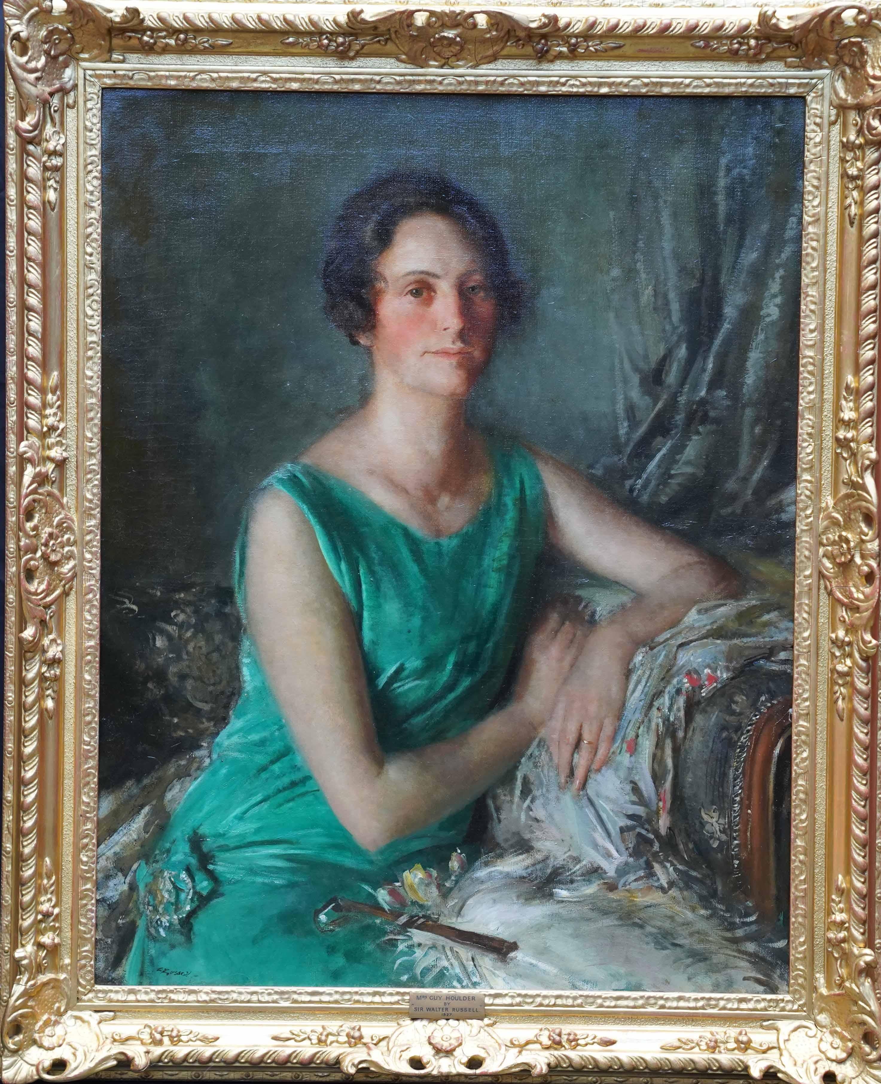Walter Westley Russell Portrait Painting - Portrait of Mrs Guy Houlder in Green Dress - British exhib Art Deco oil painting