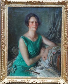 Portrait of Mrs Guy Houlder in Green Dress - British exhib Art Deco oil painting