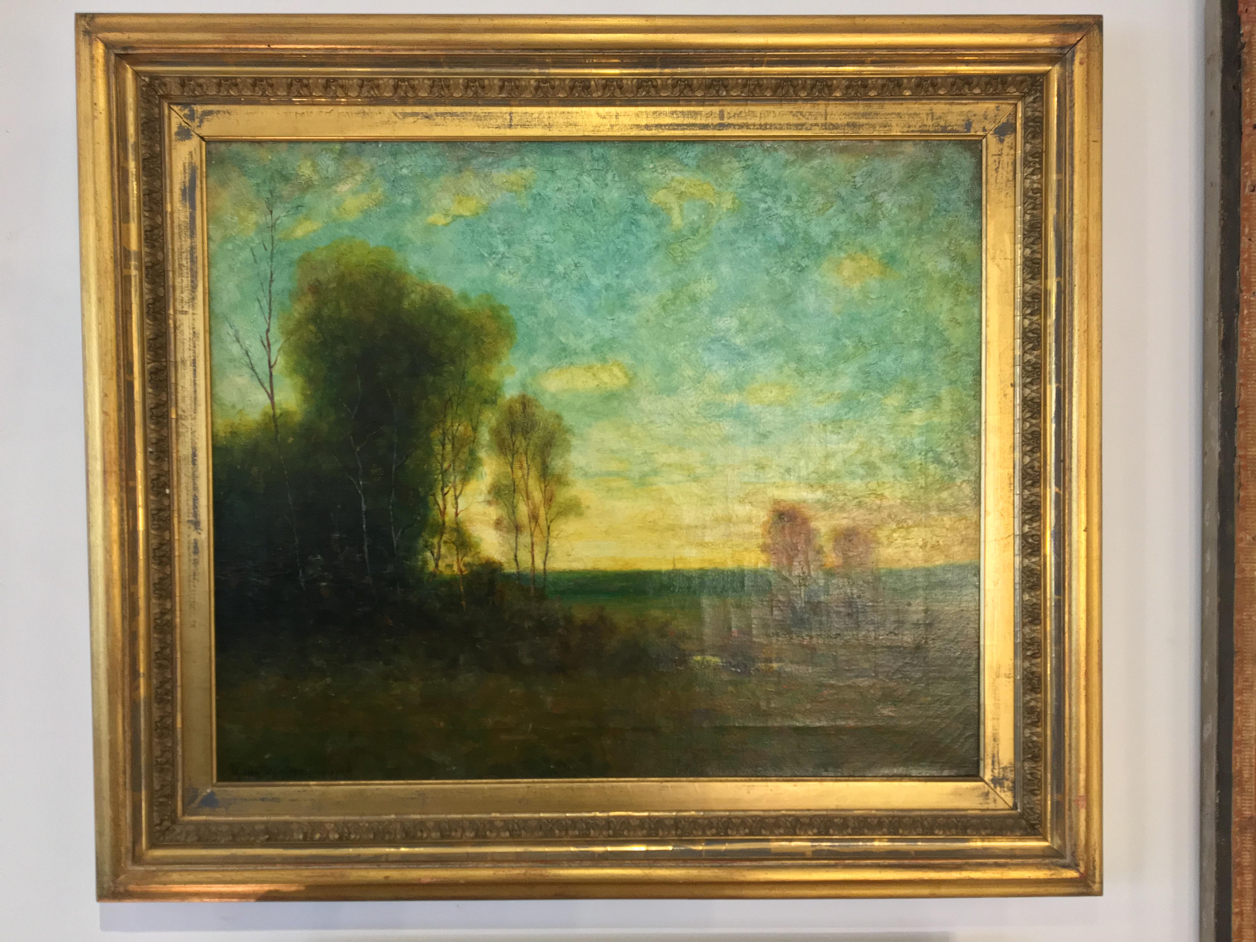 Stunning Walter Whitcomb Thompson oil on canvas of landscape. Titled ‘Evening Solitude.’ Signed in lower left corner. Likely a North Carolina location, possibly Beaufort. Canvas is set in gold tone wood frame. Some surface wear of frame. Verso has