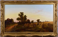 19th Century landscape oil painting of a harvest