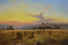 19th Century landscape oil painting of a Sussex harvest field at sunset