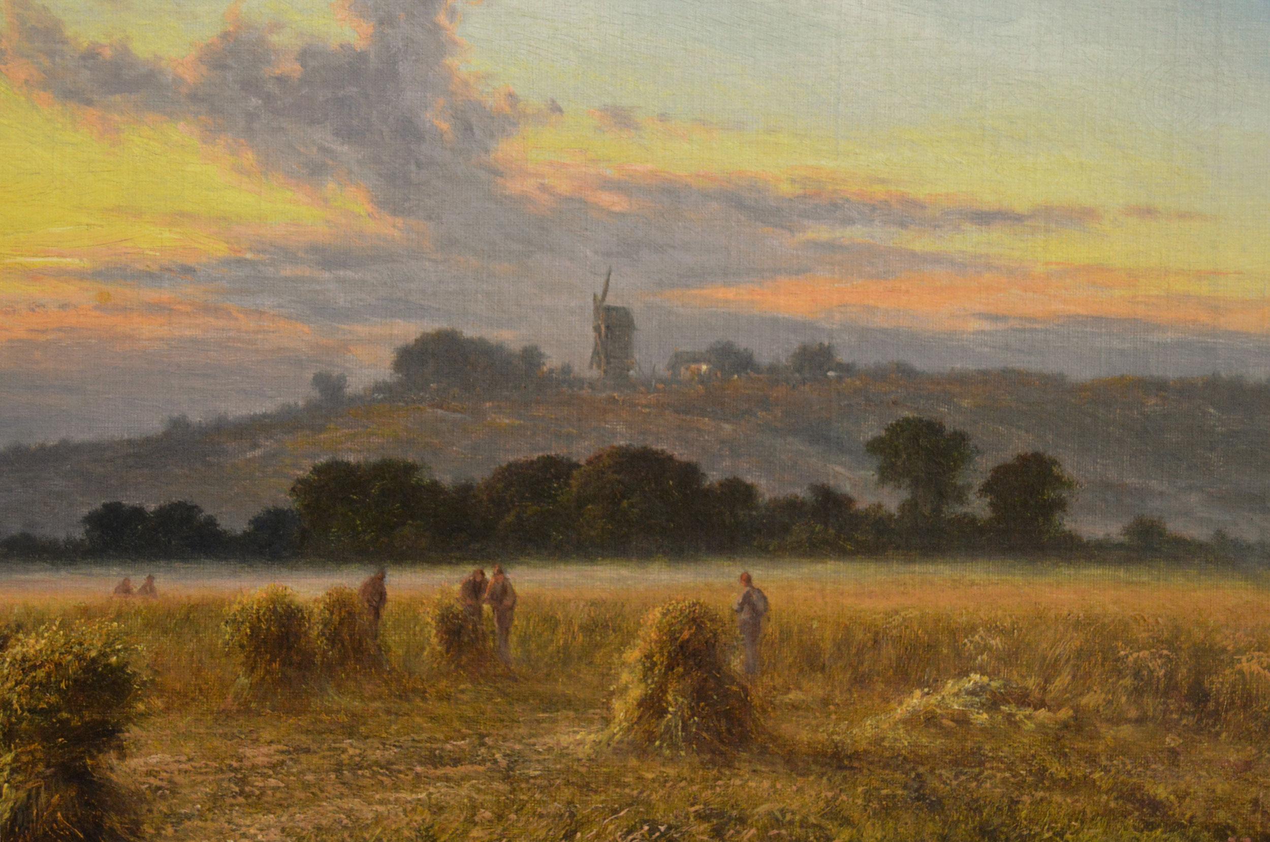 Paisaje al óleo del siglo XIX de un campo de cosecha de Sussex al atardecer - Figurative Painting Marrón de Walter Williams