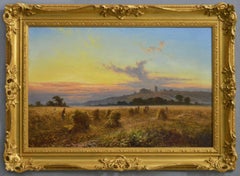 19th Century landscape oil painting of a Sussex harvest field at sunset