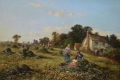 19th Century landscape oil painting of haymakers in a field