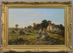 19th Century landscape oil painting of haymakers in a field