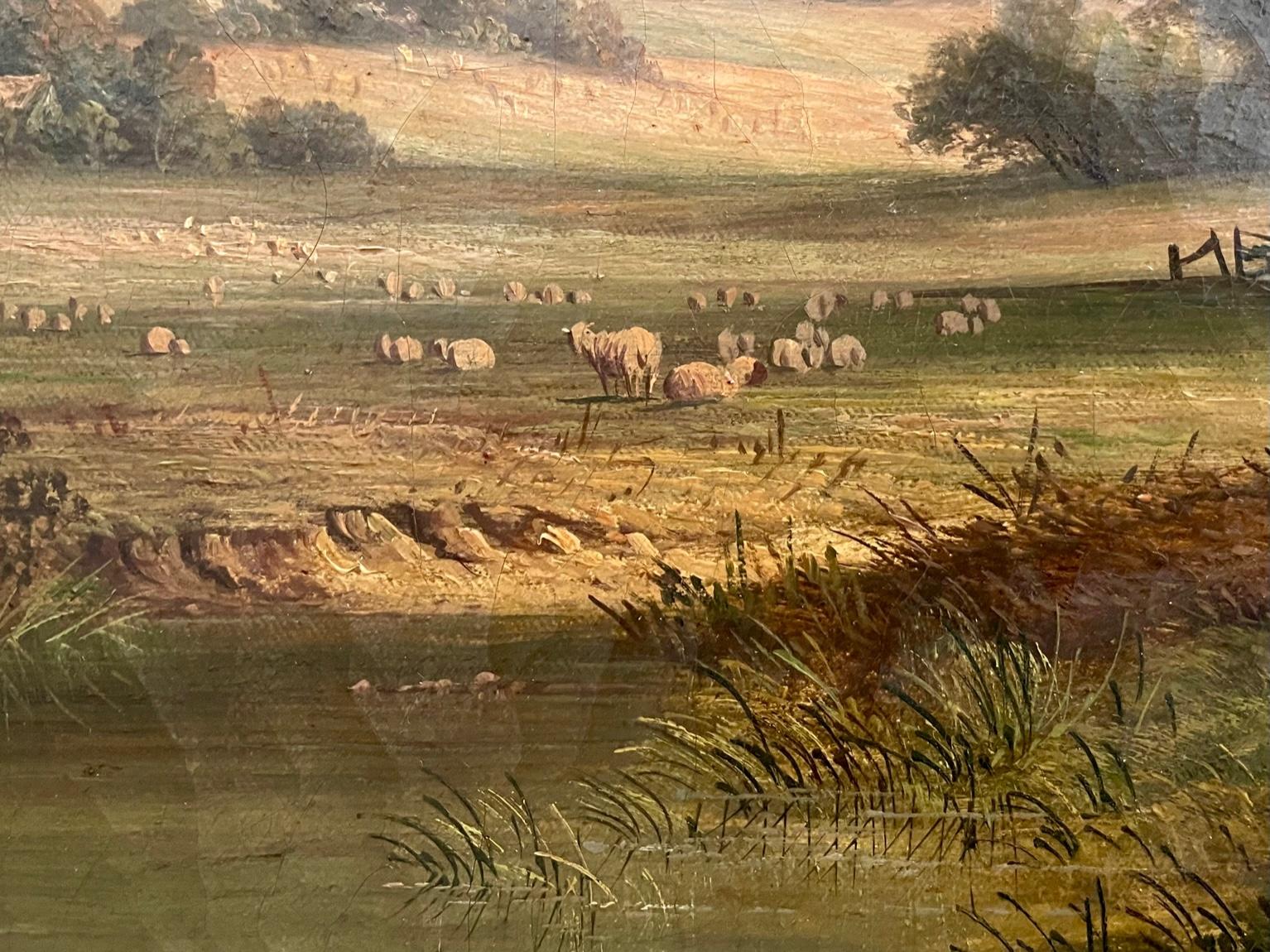 Picturesque scene of two children by a thatched cottage, pasture with sheep, pond and hills is signed W. Williams, attributed to a prominent 19th century artist in a family of British artists. Walter Williams is one of the best known of the family.