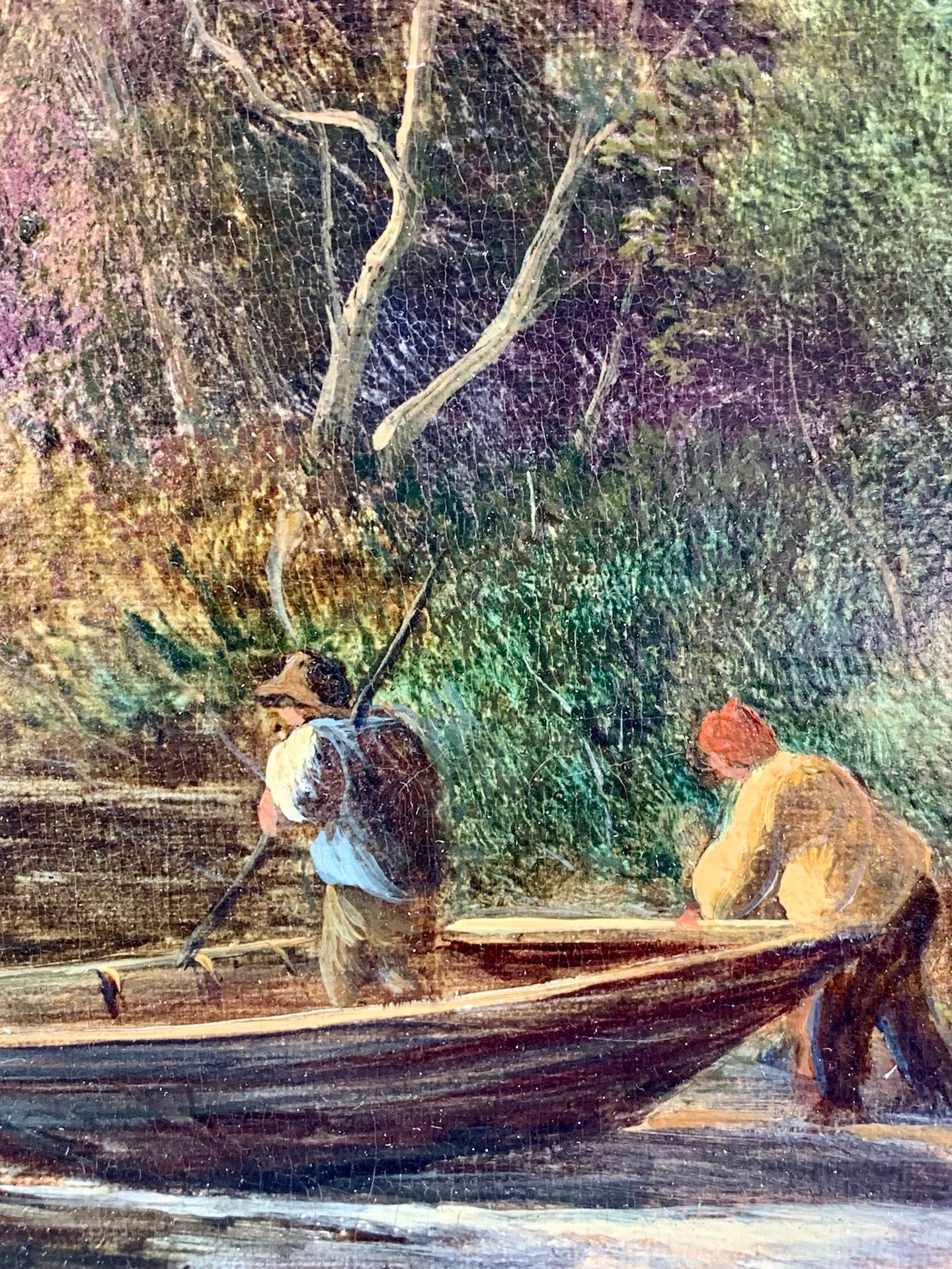 Paisaje fluvial victoriano inglés del siglo XIX, con pescador junto al río 7