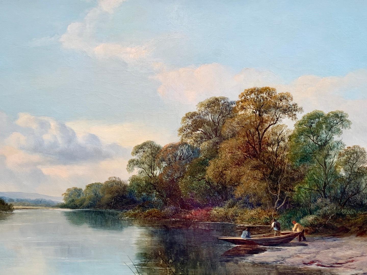 Paisaje fluvial victoriano inglés del siglo XIX, con pescador junto al río - Painting de Walter Williams