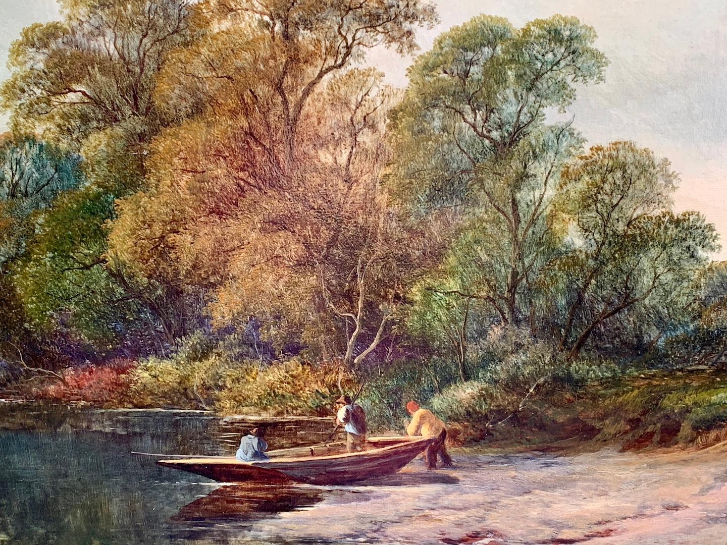 Paisaje fluvial victoriano inglés del siglo XIX, con pescador junto al río - Painting Victoriano de Walter Williams