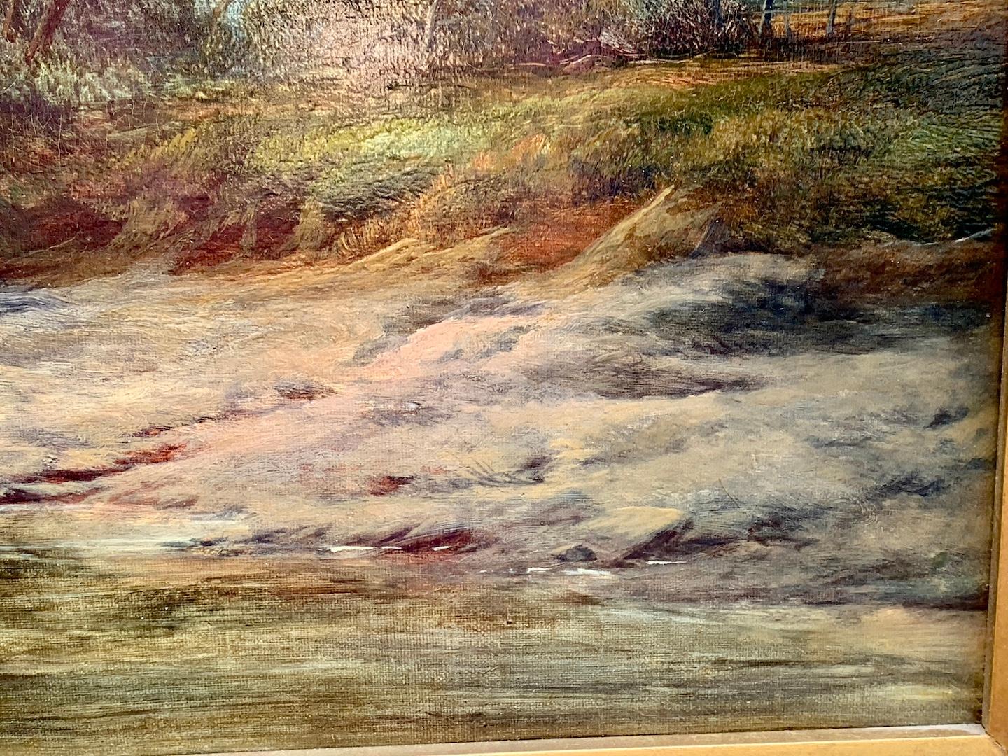 Paisaje fluvial victoriano inglés del siglo XIX, con pescador junto al río - Figurative Painting Marrón de Walter Williams