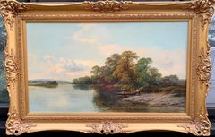 English 19th century Victorian River landscape, with fisherman by Riverside