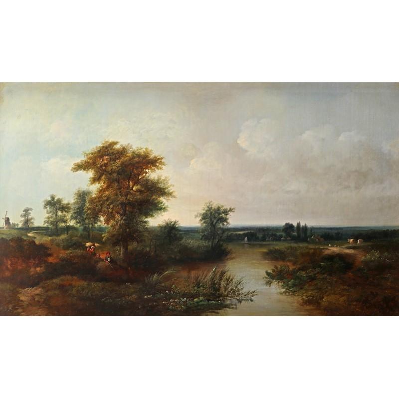 Huge Victorian Landscape Oil Painting River Landscape Figure Angling & Cattle - Brown Landscape Painting by Walter Williams