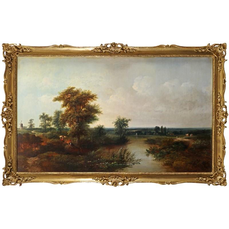 Walter Williams Landscape Painting - Huge Victorian Landscape Oil Painting River Landscape Figure Angling & Cattle