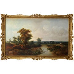 Huge Victorian Landscape Oil Painting River Landscape Figure Angling & Cattle