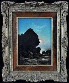 On the Moonlit Shore - English Coastal Landscape Antique Seascape Oil Painting