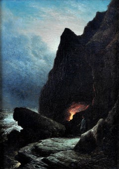 Outside the Firelit Cave - English Moonlit Coastal Seascape Antique Oil Painting