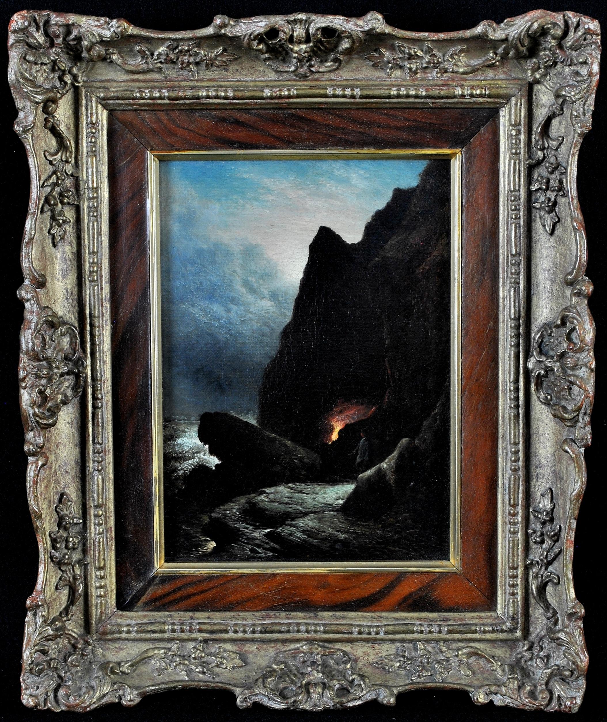 Walter Williams Landscape Painting - Outside the Firelit Cave - English Moonlit Coastal Seascape Antique Oil Painting