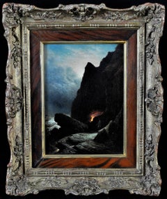 Outside the Firelit Cave - English Moonlit Coastal Seascape Antique Oil Painting
