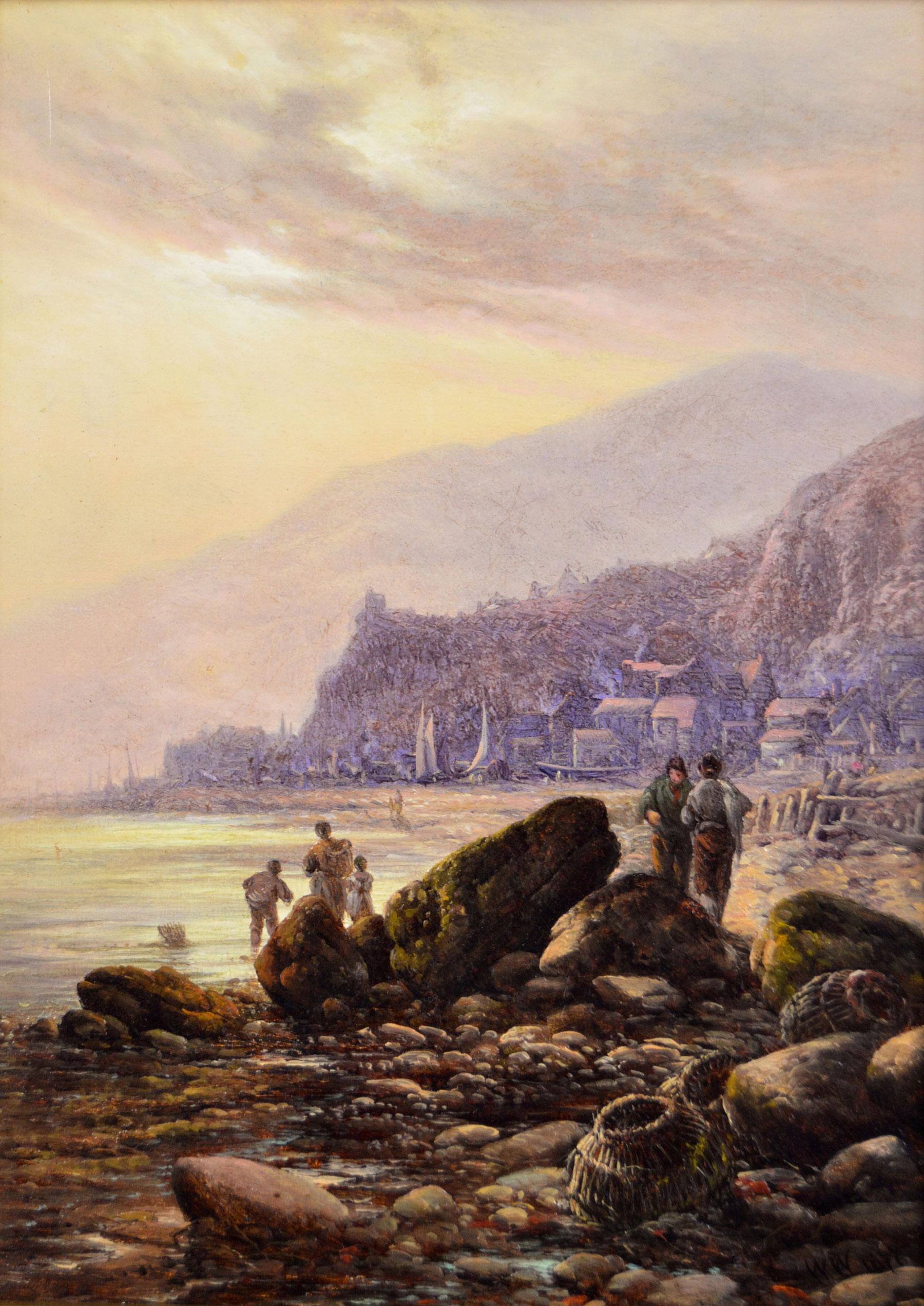 **NOTA: CADA CUADRO, INCLUIDO EL MARCO, MIDE 12,75 X 10,75 PULGADAS**.

Walter Williams
Británico, (1834-1906)
Mares tormentosos y la orilla 
Óleo sobre lienzo, pareja, ambos firmados con monograma y fechados en 1877
Tamaño de la imagen: 8 pulgadas