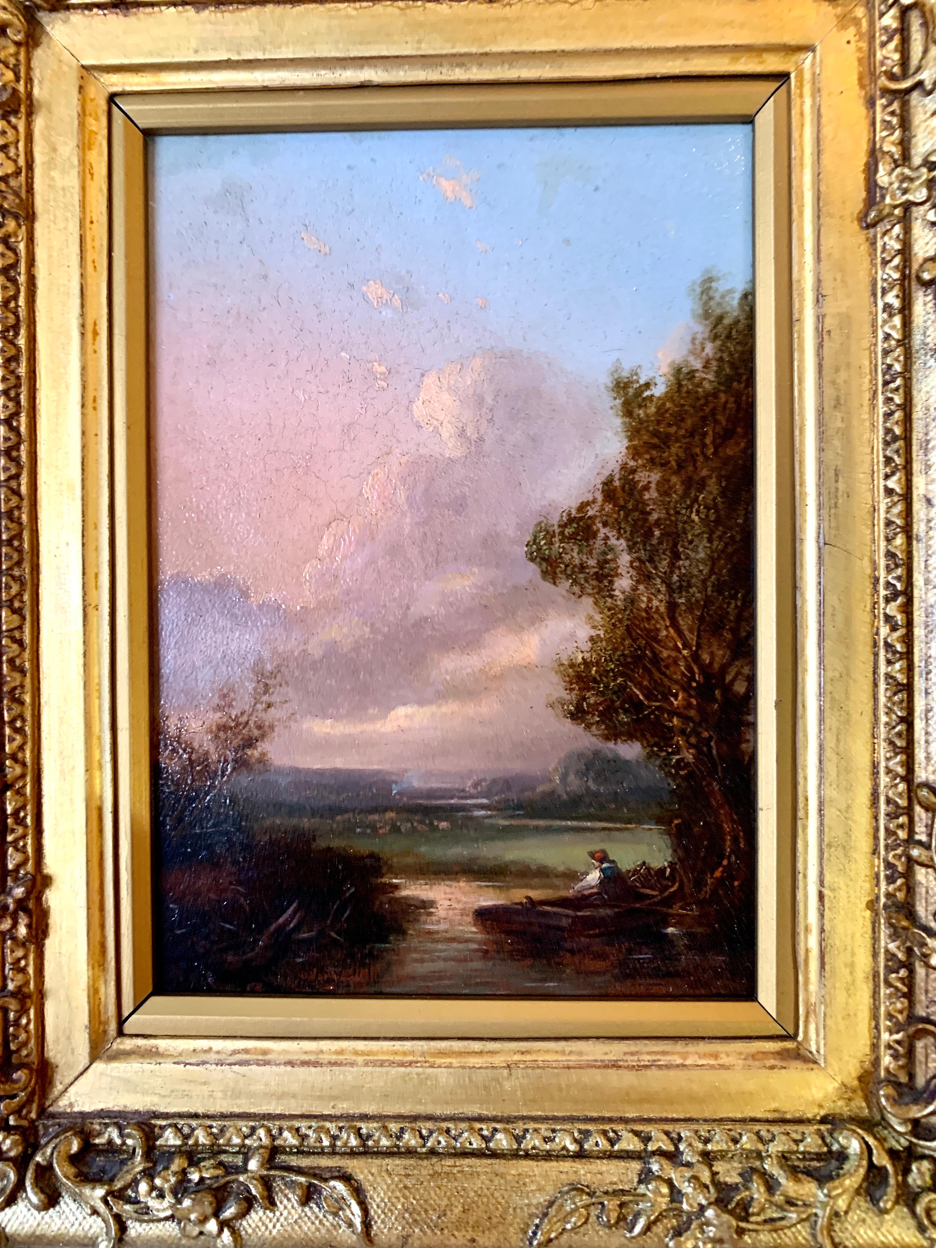 Pair of English 19th century landscapes with men fishing  3