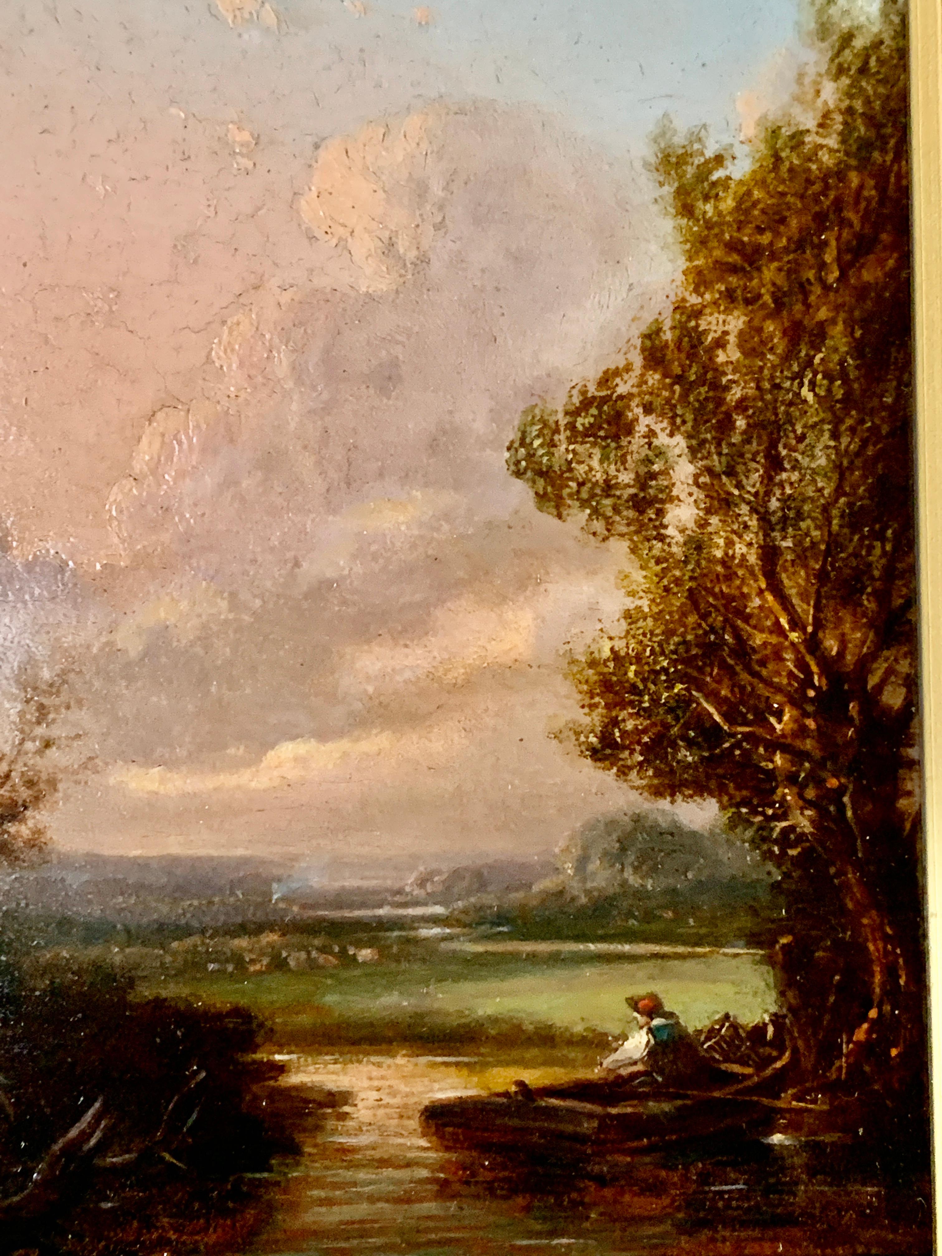 Pair of English 19th century landscapes with men fishing  4