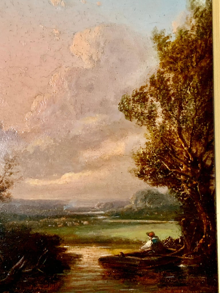 Pair of English 19th century landscapes with men fishing  7