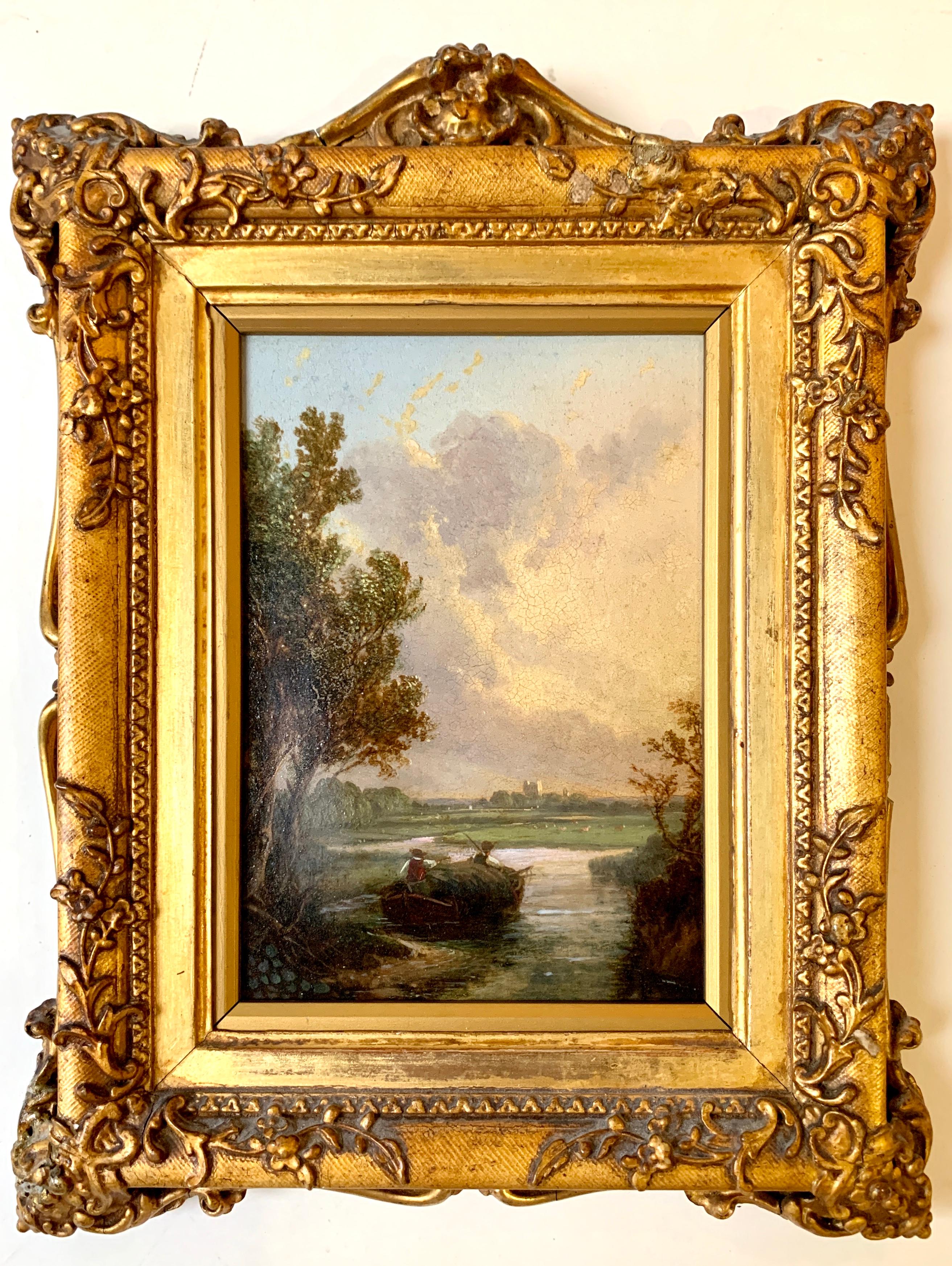 Pair of English 19th century landscapes with men fishing - Painting by Walter Williams