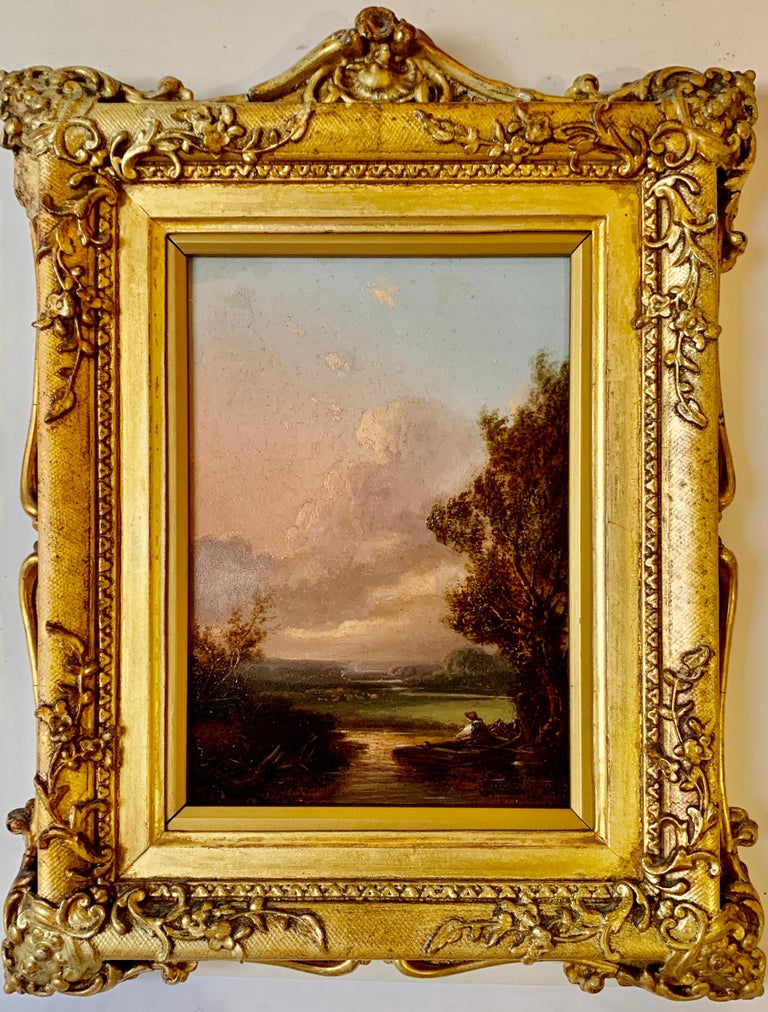 Pair of English 19th century landscapes with men fishing  - Victorian Painting by Walter Williams