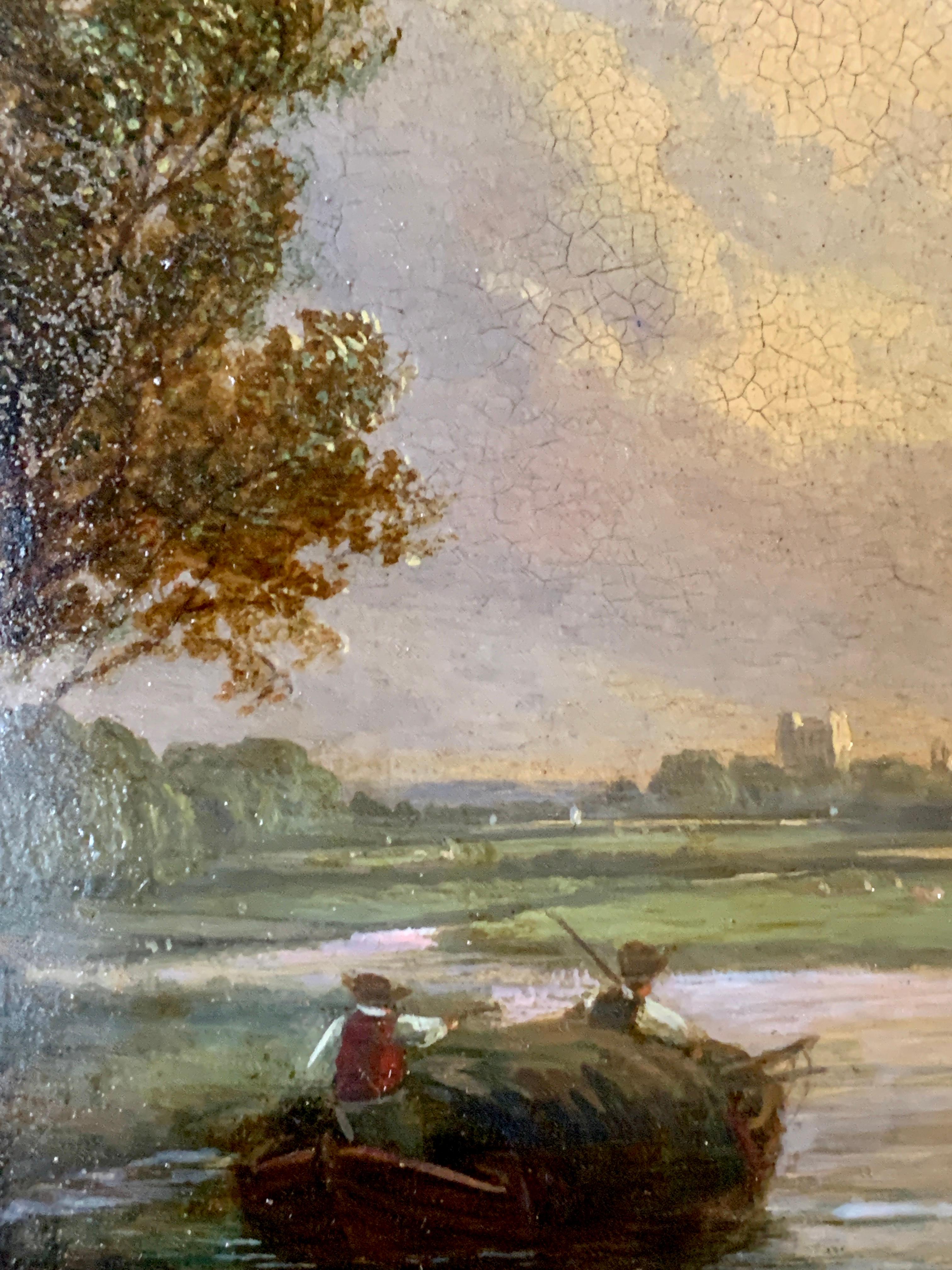 Pair of English 19th century landscapes with men fishing - Brown Figurative Painting by Walter Williams