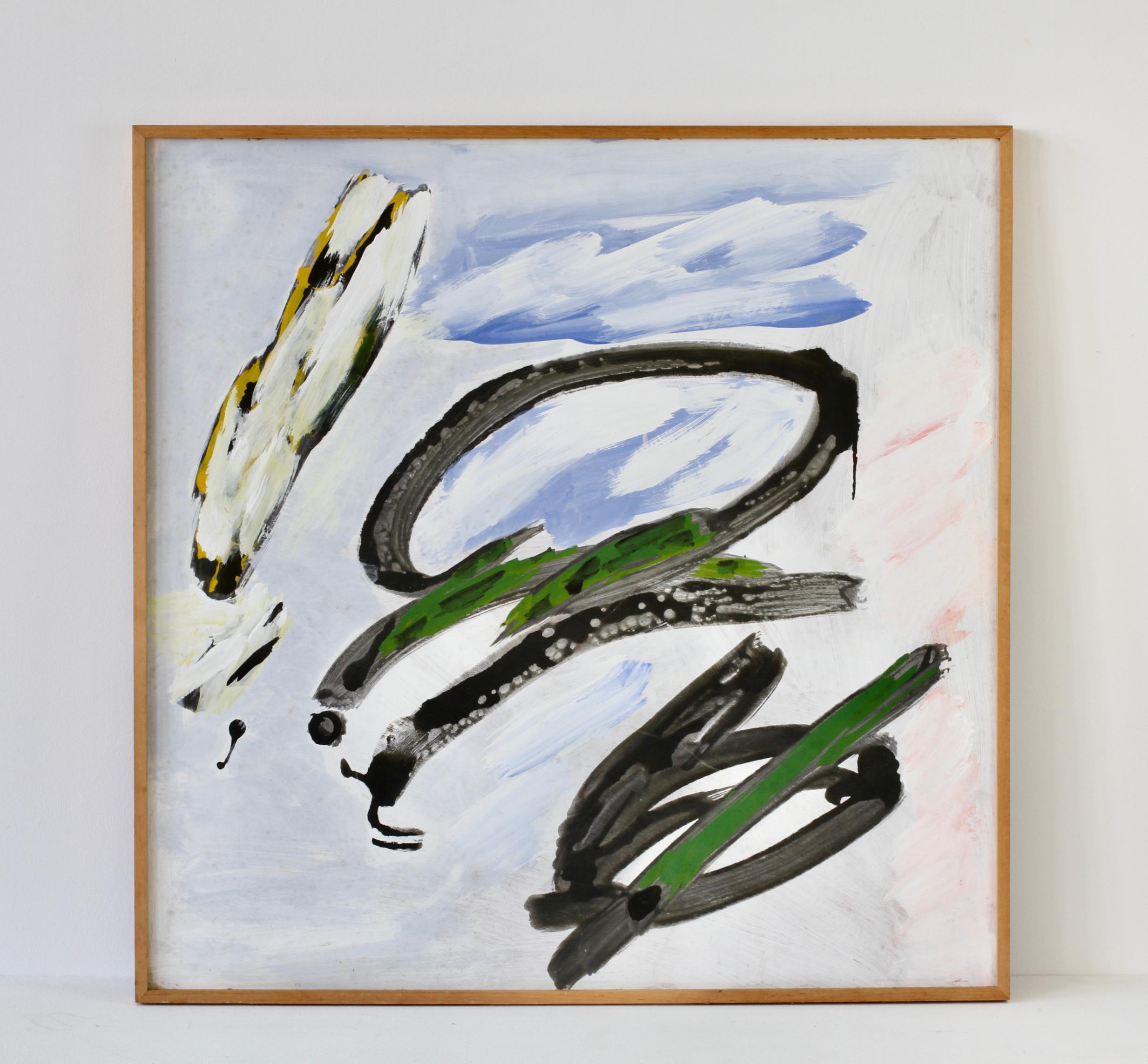 Peinture informelle abstraite moderniste signée par l'artiste allemand Walter Wohlschlegel (1907-1999). Peinte vers les années 1970, cette pièce sans titre est peinte sur un panneau dur. Ici, Wohlschlegel crée un jeu de couleurs intéressant,