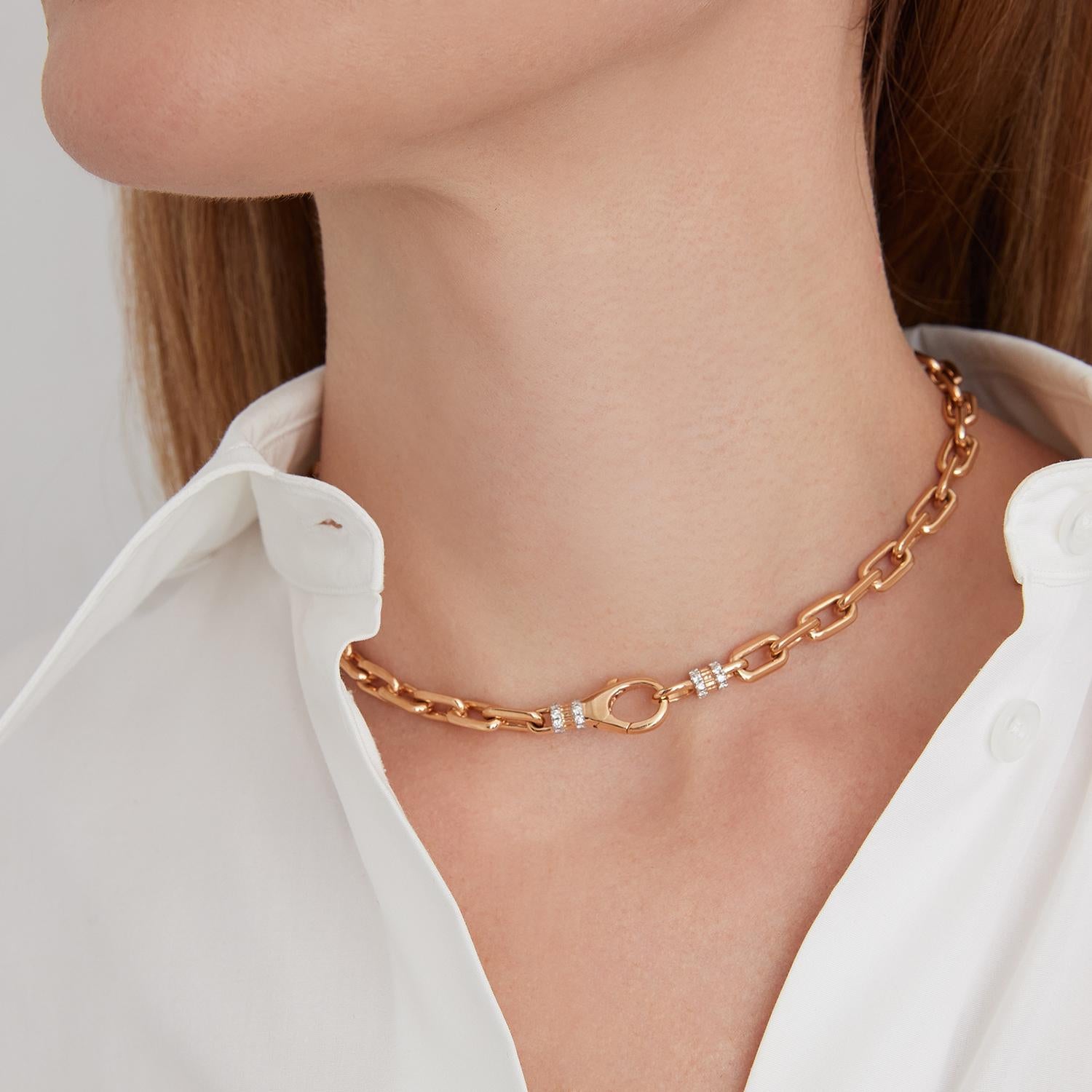 Walters Faith's Clive Collection 18K Rose Gold Chain Link Choker Necklace with Diamond Lobster Clasp. .43 Diamond Carat Weight. Necklace measures 11.5mm W x 15