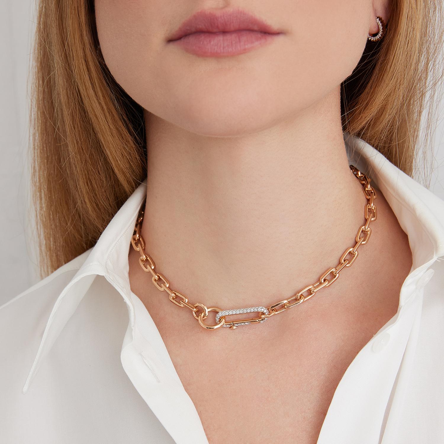 Walters Faith's Saxon collection 18K Rose Gold Chain Link Necklace with Elongated Diamond Link Clasp. 1.0 Diamond Carat Weight. Links are solid, not hollow. Necklace measures 11.5mm W x 15