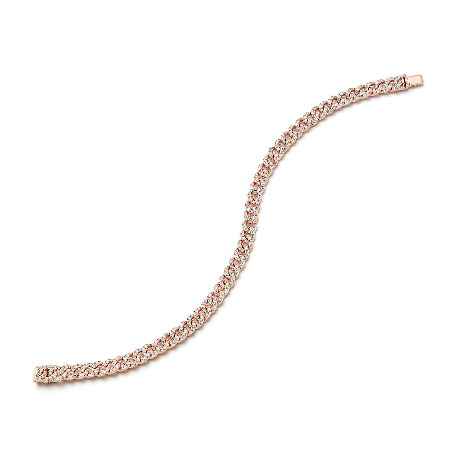 Walters Faith's Saxon Collection 18K Rose Gold and All Diamond Curb Link Bracelet. 2.24 Diamond Carat Weight. Bracelet measures 7 inches long. Each link is 4mm wide. Links are solid, ﻿not hollow. Also available for custom order in 18K Yellow gold.