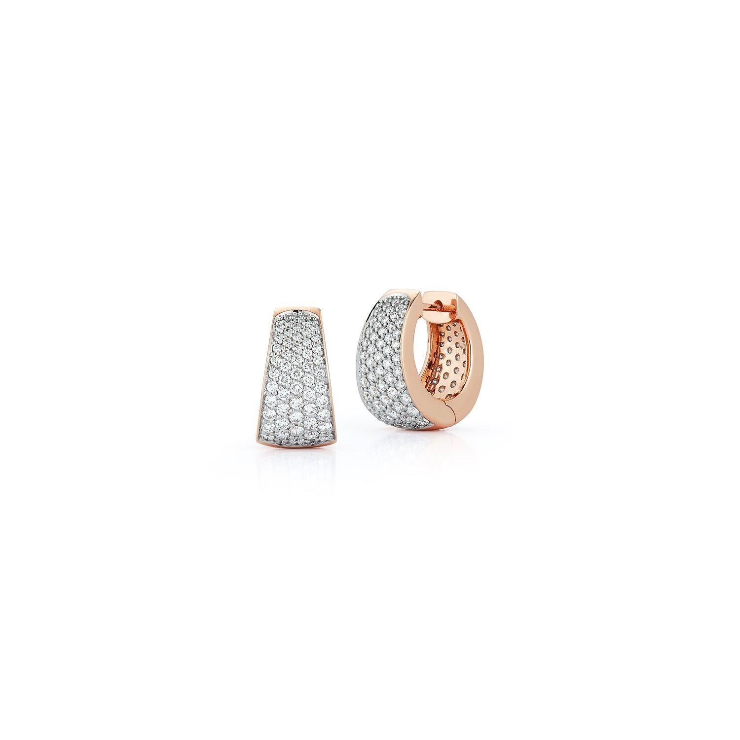 Walters Faith's Lytton Collection 18K Rose Gold and All Diamond Pave Tapering Hoop Earring. 2.180 Diamond Carat Weight. Can be custom ordered in 18K yellow or 18k white gold. Please contact us with any questions or special requests. 