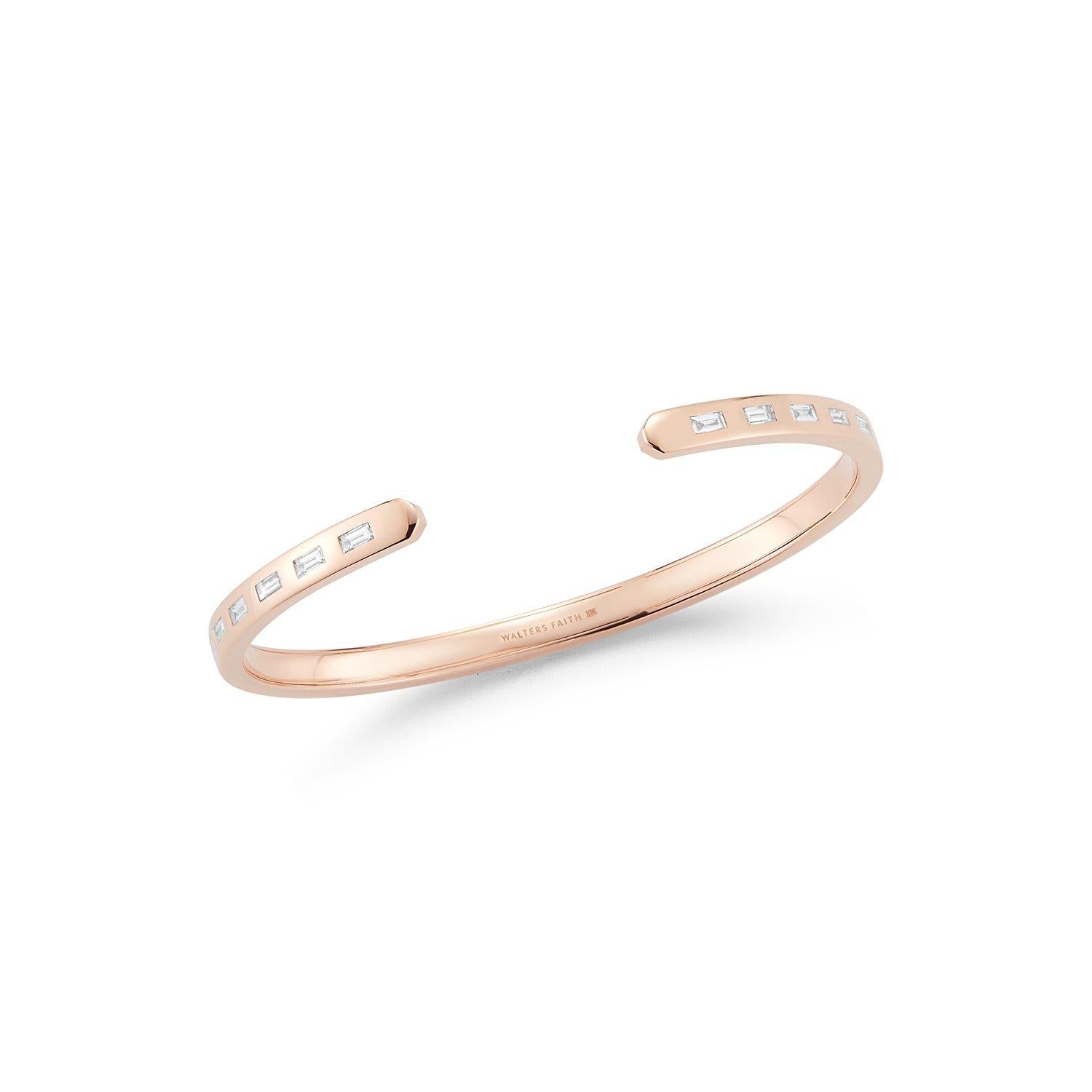 Walters Faith's Ottoline Collection 18K Rose Gold and Diamond Baguette Cuff. Cuff can be worn with opening face up or down. Cuff is available in size 6, 6.5 or 7
 
Also available for custom order in 18K Yellow Gold or 18K White Gold. For any special