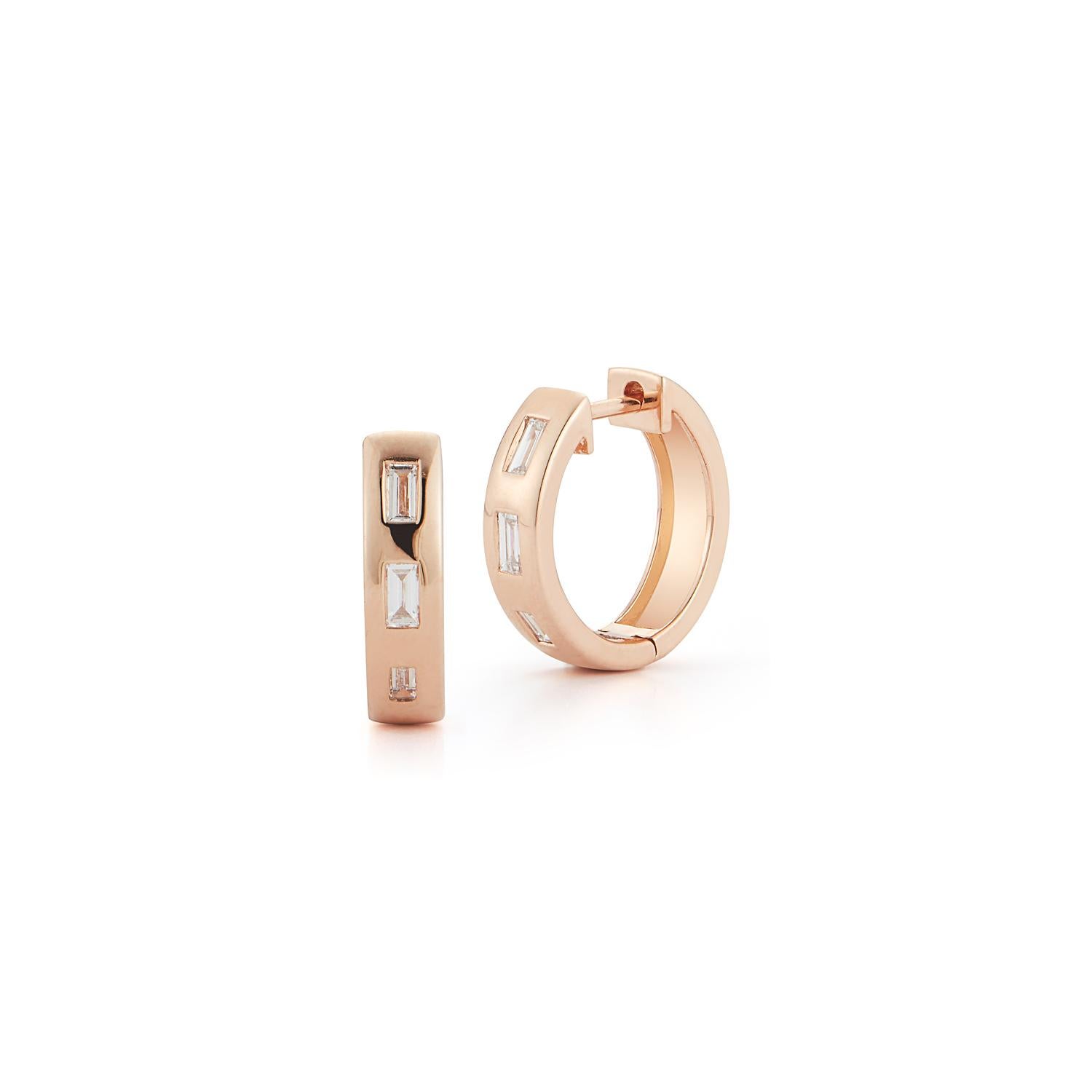 Contemporary Walters Faith 18 Karat Rose Gold and Diamond Baguette Huggies For Sale