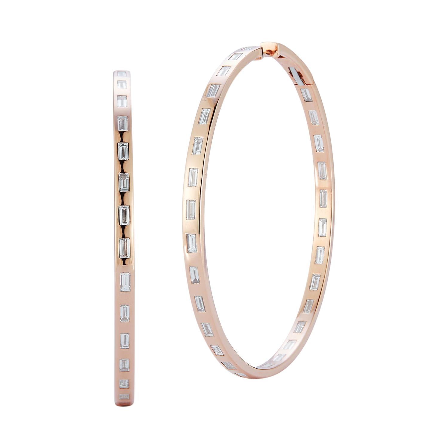Walters Faith 18K Rose Gold and Diamond Baguette Round Hoop Earrings For Sale