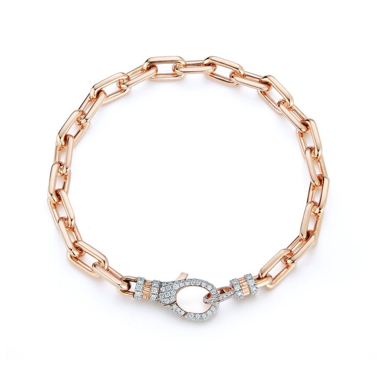 Walters Faith 18K Rose Gold Chain Link Bracelet with All Diamond Lobster Clasp In New Condition For Sale In New York, NY