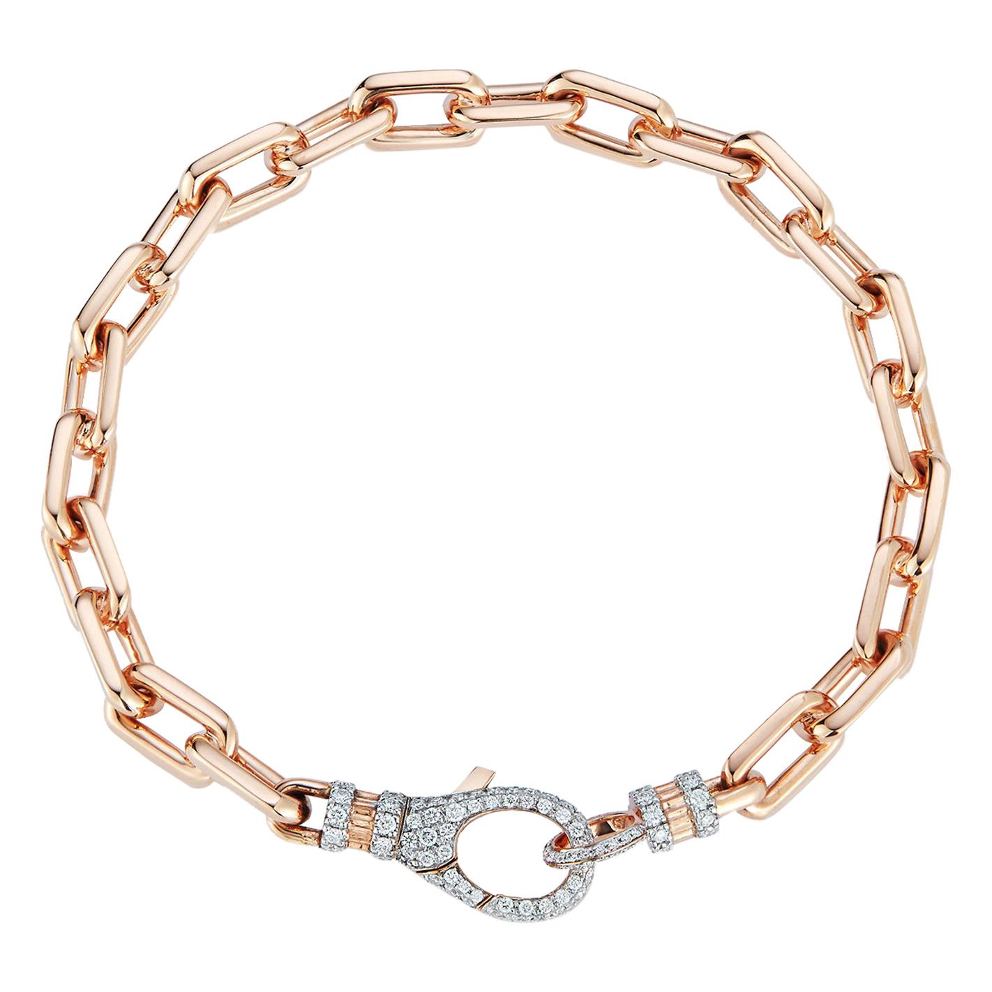 Walters Faith 18K Rose Gold Chain Link Bracelet with All Diamond Lobster Clasp For Sale